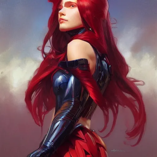 Image similar to a cool red - plate - haired girl. she is dressed as a superhero. clean elegant painting, beautiful detailed face. by artgerm and greg rutkowski and alphonse mucha