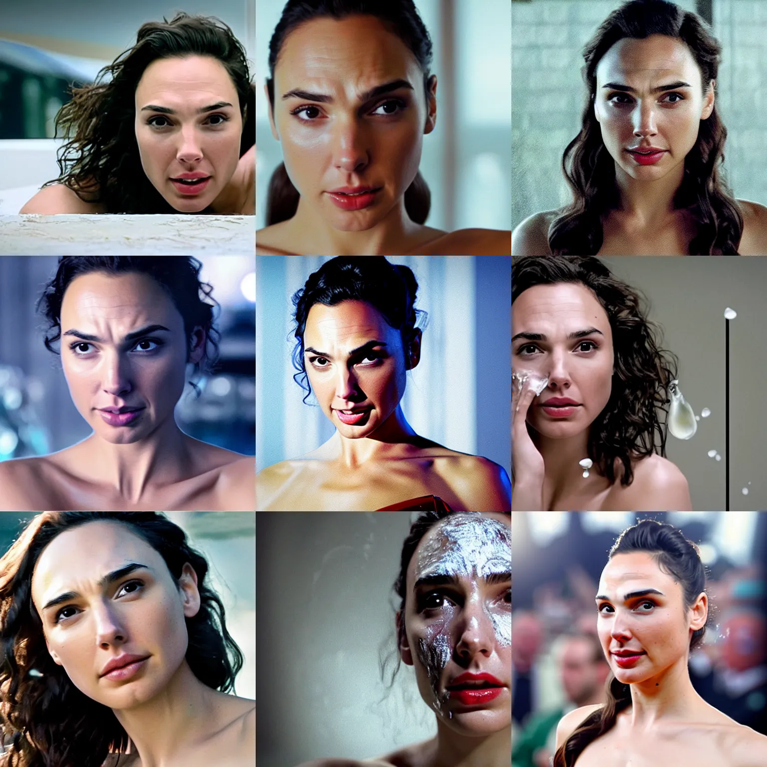 Prompt: a cinematic film still of gal gadot, with a whitish, sticky liquid that has a jelly - like texture that is dripping off of her face. viscous, her face is coated in a whitish, sticky liquid that has a jelly - like texture. 2 0 2 2