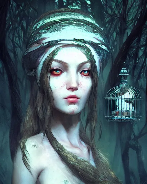 Prompt: Girl with a birdcage on her head, horror, forest. Unreal engine, fantasy art by Adolf von Menzel. Accurate expression, perfect anatomy GL, glowing light