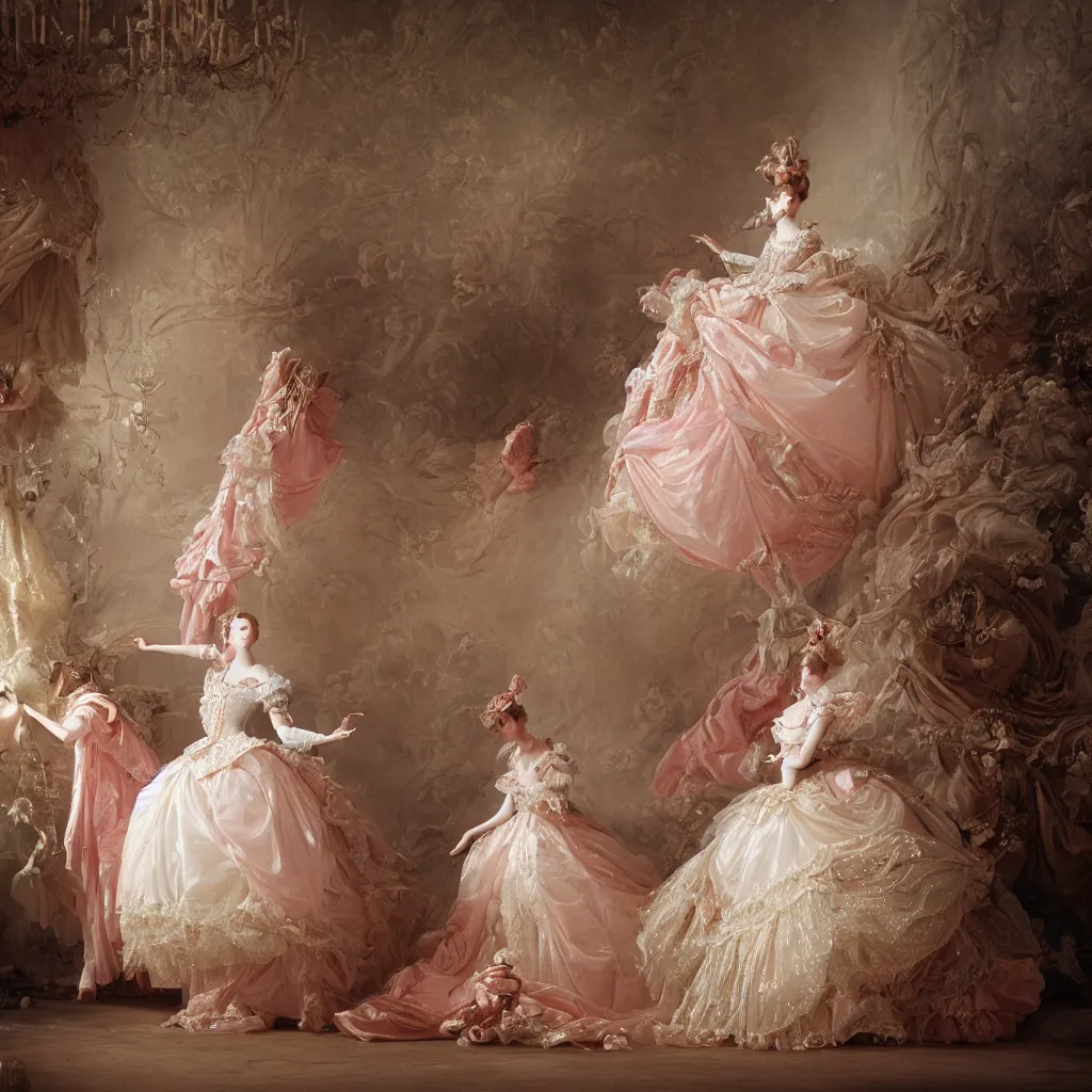 Prompt: cinderella, palace dance, dress in the style of rococo, dreamy, romantic, night lighting, highly detailed, fashion editorial by jean - honore fragonard, 8 k