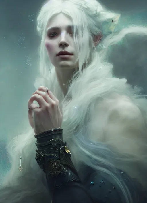 Prompt: a beautiful white haired princess, adorned with precious stone jewelry, intricate concept art, ominous, gorgeous dark fantasy, misty, dramatic lighting, octane render, 8 k, ruan jia and jeremy mann and tom bagshaw and alphonse mucha