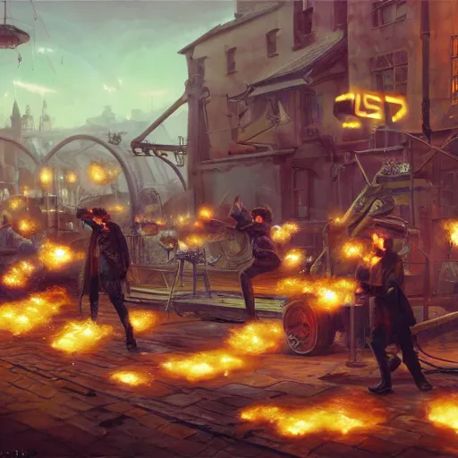 Image similar to oil painting of many hamsters, berets, guns, rocket launchers, close shot, medium shot, steampunk clothes, steampunk city background, sharp focus, fantasy style, octane render, volumetric lighting, 8k high definition, by greg rutkowski, highly detailed, trending on art Station, explosions, centered