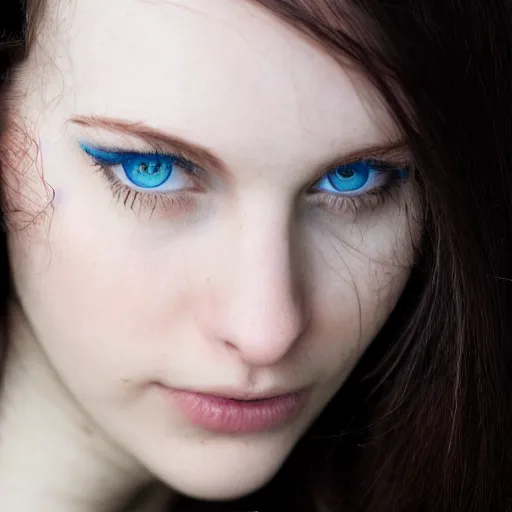 Prompt: beautiful scottish dark haired young woman with pale skin and piercing blue eyes, coy, grateful, humble