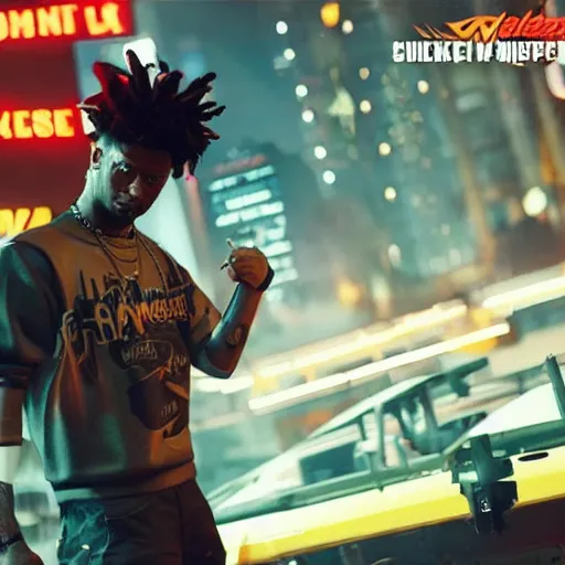 Prompt: 2 1 savage rapping on a stage in front of a crowd in cyberpunk 2 0 7 7, gameplay screenshot, detailed