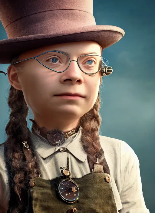 Image similar to closeup portrait of a steampunk greta thunberg wearing a top hat and goggles, depth of field, zeiss lens, detailed, symmetrical, centered, fashion photoshoot, by Annie Leibovitz and Steve McCurry, David Lazar, Jimmy Nelsson, Breathtaking, 8k resolution, extremely detailed, beautiful, establishing shot, artistic, hyperrealistic, beautiful face, octane render