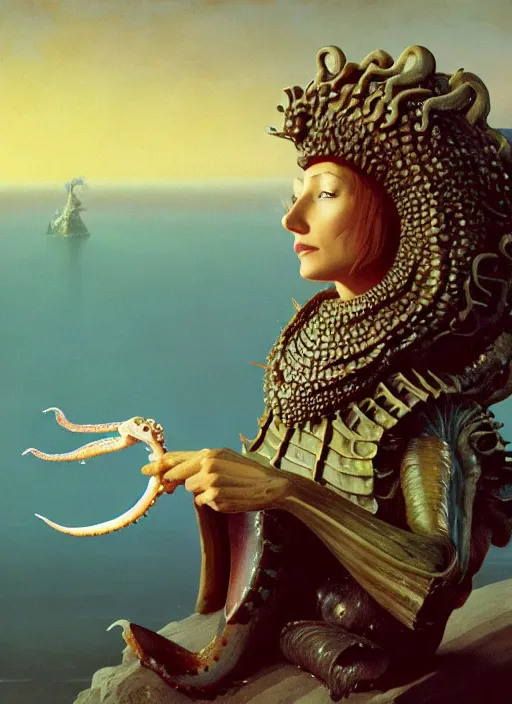 Image similar to cinematic portrait photo of the half ammonite dark crystal skeksis ramona flowers with wet hair dressed in mother of pearl armor, biting into a juicy squid snack, ryden, kawase hasui, dorothea tanning, edward hopper and james gilleard, aivazovsky, beksinski, outram, artstation