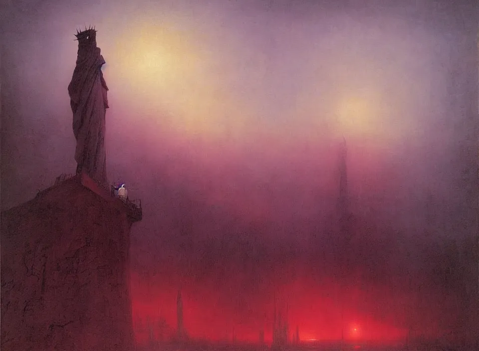 Image similar to the blind liberty of the few, red and purple palette, volume light, fog, by caspar david friedrich by ( h. r. giger ) and paul lehr