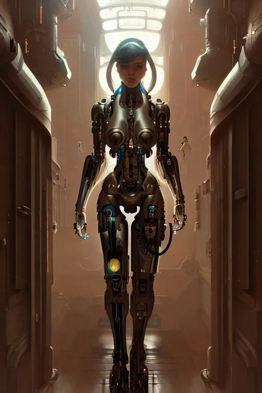 Image similar to ultra realistic, beautiful female cyborg in a utopian hallway in a space megalopolis, sci - fi, intricate details, eerie, highly detailed, octane render, 8 k, art by artgerm and alphonse mucha and greg rutkowski