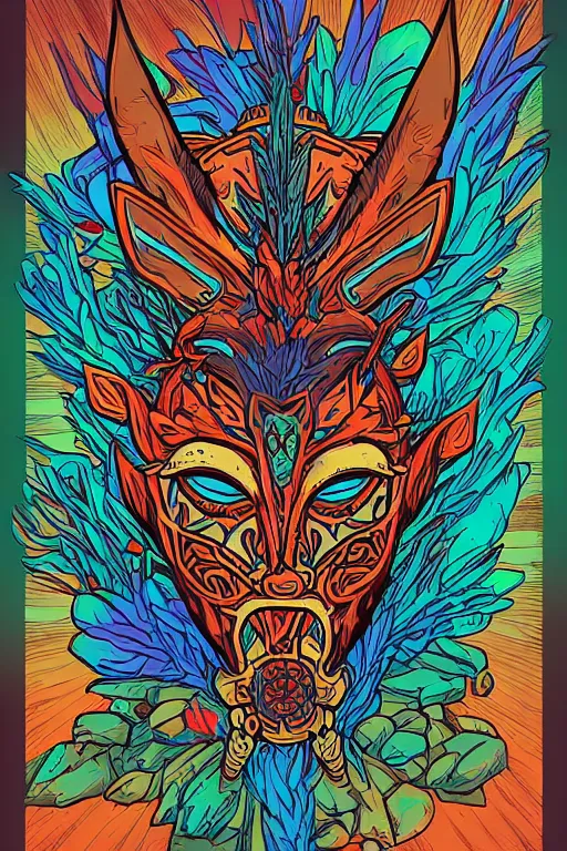 Image similar to animal mask totem roots flower tribal feather gemstone plant wood rock shaman vodoo video game vector cutout illustration vivid multicolor borderlands comics by josan gonzales and dan mumford radiating a glowing aura