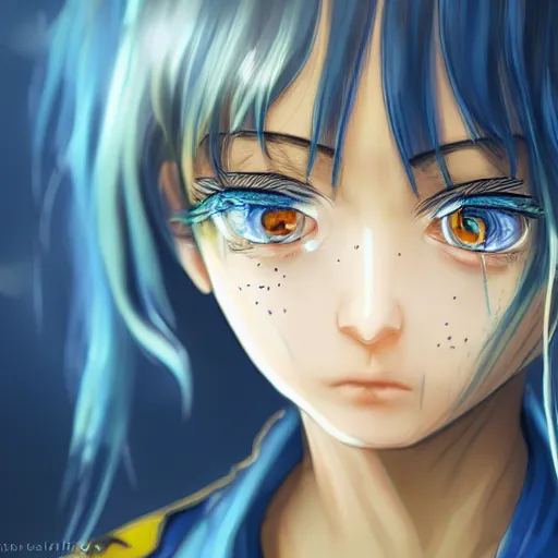 Image similar to a portrait of anime ukrainian blue and yellow girl, crying with eye drops, concept art, trending on artstation, highly detailed, intricate, sharp focus, digital art, 8 k