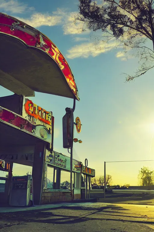 Image similar to a sunset light landscape with historical route 6 6, lots of sparkling details and sun ray ’ s, blinding backlight, smoke, volumetric lighting, colorful, octane, 3 5 mm, abandoned gas station, old rusty pickup - truck, beautiful epic colored reflections, very colorful heavenly, softlight