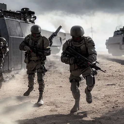 Image similar to Special Forces in grey uniform with black body armor under artillery fire in 2022, photo by Adam Ferguson, Pulitzer Winning, cinematic composition, breathtaking, modern, 2022