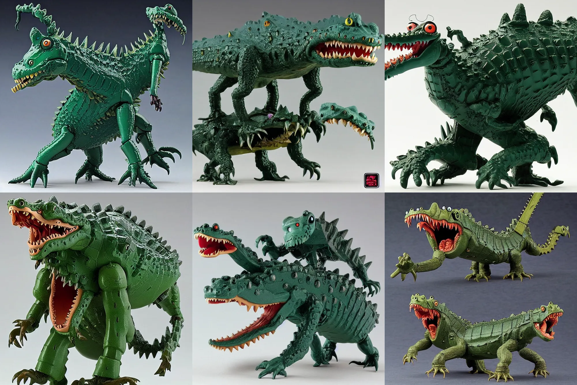 Prompt: A Lovecraftian scary giant mechanized adorable Crocodile from Studio Ghibli Howl's Moving Castle (2004) as a 1980's Kenner style action figure, 5 points of articulation, full body, 4k, highly detailed. award winning sci-fi. look at all that detail!