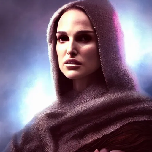 Image similar to natalie portman as arcane character, concept portrait, detailed expression, high quality, cinematic lighting, fantasy, reflective, spotlight, digital artwork