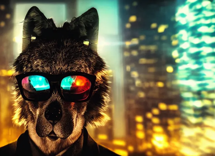 Prompt: portrait of mechanical wolf with cyberpunk glasses, reflective lens, caustics, bokeh, dust, mechanical parts, neon wires, dark fur, closeup portrait, editorial photography, award winning, establishing shot, dark mood, dark sci fi