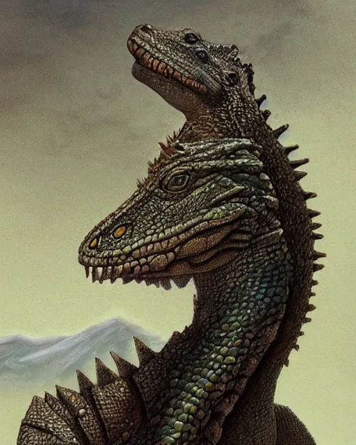 Image similar to ''face portrait of a rugged lizard, fantasy, mountain landscape, d & d, digital painting, artstation, deviantart, concept art, illustration, art by dragolisco and anne stokes and nico niemi''