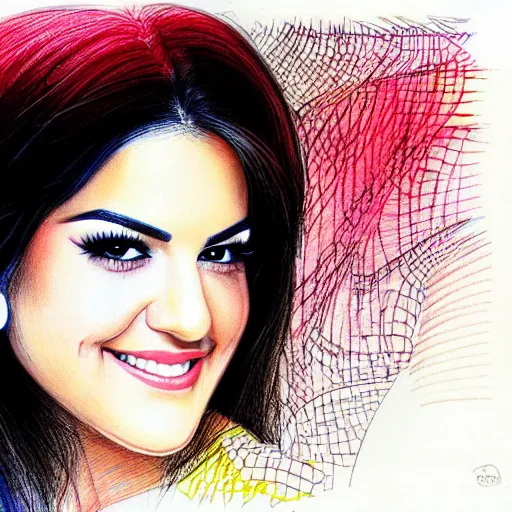 Image similar to joyful look in her eyes Maite Perroni in 2005 close-up portrait looking straight on, complex artistic color ink pen sketch illustration, full detail, gentle shadowing, fully immersive reflections and particle effects, chromatic aberration.