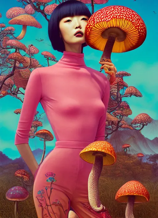 Image similar to pretty chinese model with hallucination mushroom : : by martine johanna and simon stalenhag and chie yoshii and casey weldon and wlop : : ornate, dynamic, particulate, rich colors, intricate, elegant, highly detailed, centered, vogue, harper's bazaar art, fashion magazine, smooth, sharp focus, octane render, 8 k