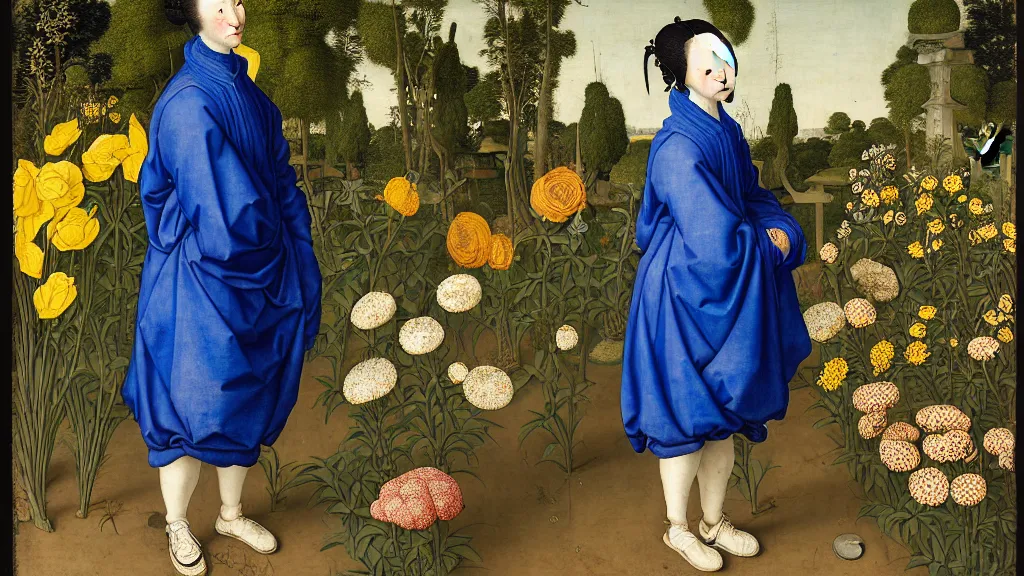 Prompt: portrait of a woman with blue hair buns, wearing a yellow jacket and baggy jeans, standing in a garden full of plants and flowers, intricate details, high detail, in the style of rogier van der weyden and jacopo da pontormo, punk, asian art,