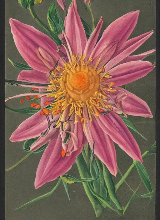 Image similar to fantasy scientific botanical illustration of colorful flower with a large, smiling mouth