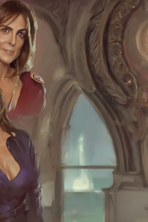 Image similar to Portrait of Liz Hurley as Baroness in G.I, Joe, with evil smile, in a movie still cinematic, artstation, Greg rutkowski, UHD 8K