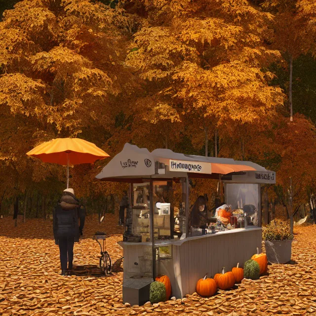 Image similar to pumpkin headed people ordering coffee at a coffee stand, maple trees with fall foliage, on a mountain, volumetric, realistic, cinematic lighting, ray tracing, unreal engine 5, octane render, hyper realistic, photo, 8 k