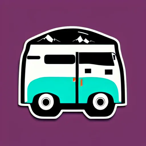 Image similar to vector art of a white and black cute thor chateau! motorhome camper!!, highway, mountains and colorful sunset!!, very very happy, stylish, warm colors, minimal vector art sticker!! by tom whalen