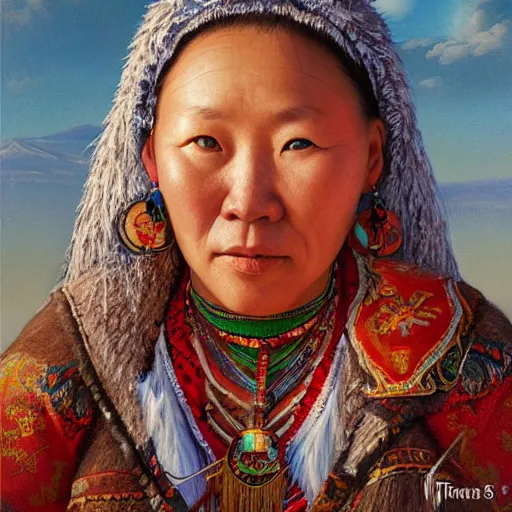 Prompt: portrait of an yakut woman ( 3 5 ) from yakutia, russia in 2 0 2 1, an oil painting by ross tran and thomas kincade
