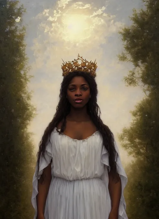 Prompt: oil painting close up portrait of a contemplative young black celtic woman with long dark flowing hair in a white dress, wearing a crown of white roses!! at sunset, hazy, digital art, chiaroscuro, artstation, cinematic, golden hour, digital art painting by greg rutkowski, william - adolphe bouguereau, hazy atmosphere, cinematic lighting