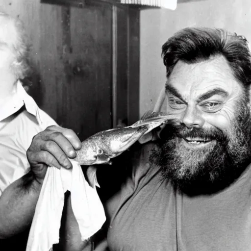 Image similar to brian blessed swallowing a fish whole