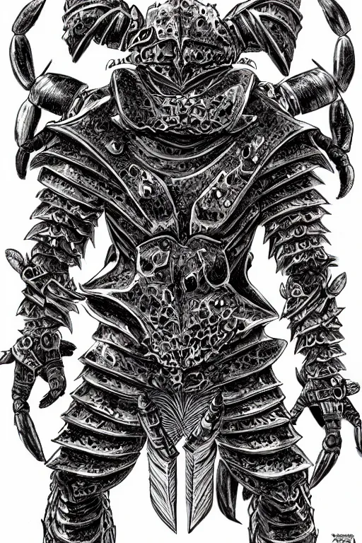 Image similar to human warrior, crab themed armour, crab claws symmetrical, highly detailed, digital art, needles, sharp focus, trending on art station, kentaro miura manga art style