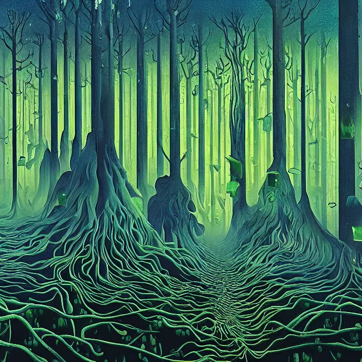 Image similar to charles burchfield art painting, beautiful arboreal forest by Adriaan Herman Gouwe, oregon washington rain forest by beeple, the sun glitchart, glitch effect sunlight, alien dream worlds, hellscape, seascape, with surreal architecture designed mega structures inspired by Garden of Earthly Delights, vast surreal landscape and horizon