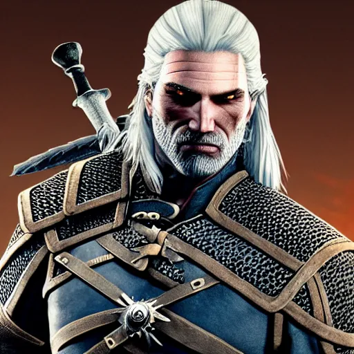 Image similar to geralt of rivia posing at camera in front of mcDonald in pyjamas 4k photo