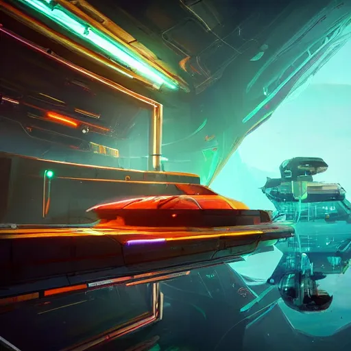 Image similar to abandoned neon spaceship as ingame shot of risk of rain 2, digital art, wet reflections, unreal engine 5, intricate details, fantasy, hyper realism, humongous view, rtx, smooth, cinematic