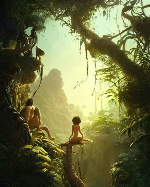 Image similar to still from the jungle book if made by krenz cushart and wenjun lin, portrait, illustration, rim light, top light, summer clear blue sky, perfectly shaded, soft painting, epic, intricate, art