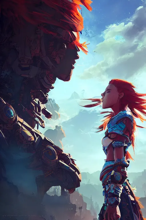 Image similar to combination suit armor aloy horizon forbidden west horizon zero dawn radiating a glowing aura global illumination ray tracing hdr fanart arstation by ian pesty and alena aenami artworks in 4 k tribal robot ninja mask helmet backpack