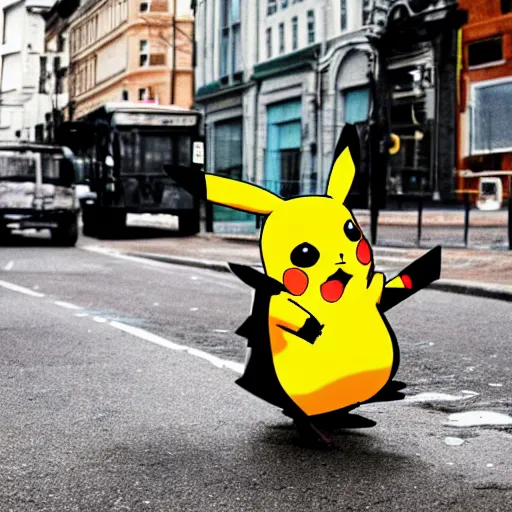 Prompt: pikachu homeless and depressed, playing guitar on an empty city street during the day