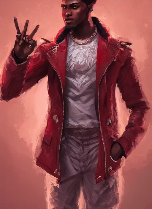 Image similar to a highly detailed illustration of attractive young african guy with flat top hair wearing red jacket, dramatic standing pose, intricate, elegant, highly detailed, centered, digital painting, artstation, concept art, smooth, sharp focus, league of legends concept art, wlop