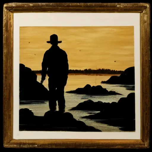 Prompt: painting, silhouette of a man standing on the banks of a river, a city of gold on the other shore