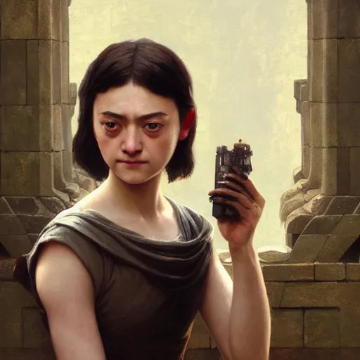 Image similar to expressive oil painting of arya stark at borobudur, smooth glowing skin, glamour shot, by yoshitaka amano, by bouguereau, bygreg rutkowski, by jeremy lipking, by artgerm, digital art, octane render