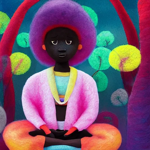 Image similar to a black girl with a colorful afro and big colorful eyes meditating in a zen garden at sunset, bright colours, bokeh!!, watercolor, volumetric wool felting, macro photography, children illustration, by goro fujita