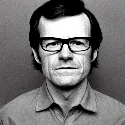 Prompt: 1970s of Mugshot Portrait of Bryan Cranston with glasses and no beard, dressed in 1970s menswear, taken in the 1970s, photo taken on a 1970s polaroid camera, grainy, real life, hyperrealistic, ultra realistic, realistic, highly detailed, epic, HD quality, 8k resolution, body and headshot, film still, front facing, front view, headshot and bodyshot, detailed face, very detailed face