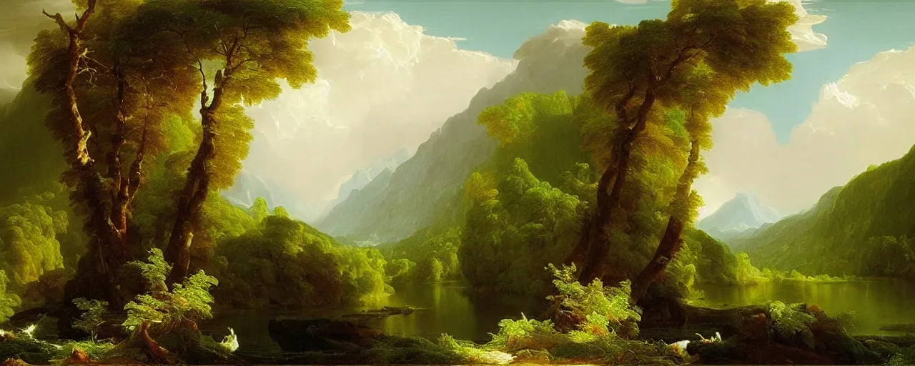 Image similar to beautiful forest scenery, distant mountains, river flowing through, distant cloud shadows, raining, rain, painting by thomas cole