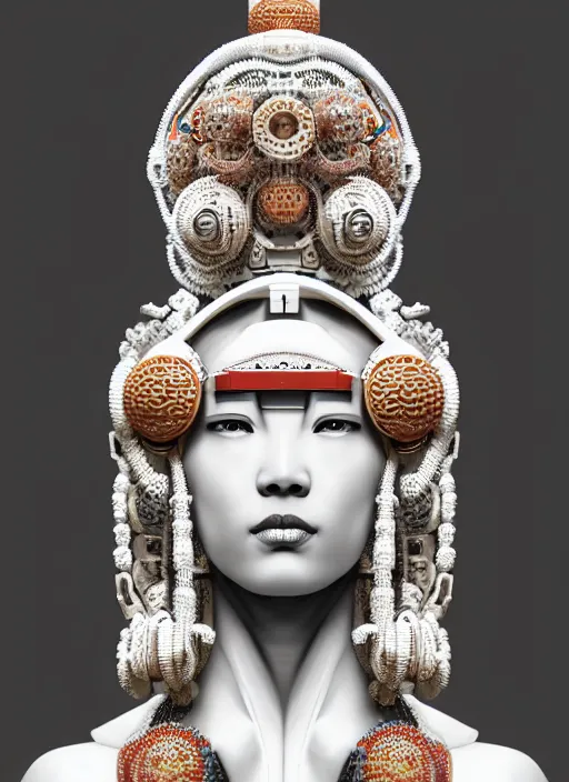 Image similar to white statue!! portrait of a cyberpunk machine, machine face, upper half portrait, decorated with beads, african man, traditional chinese art, intricate, elegant, highly detailed, headpiece, digital painting, artstation, concept art, smooth, sharp focus, illustration, art by artgerm and greg rutkowski and alphonse mucha, 8 k