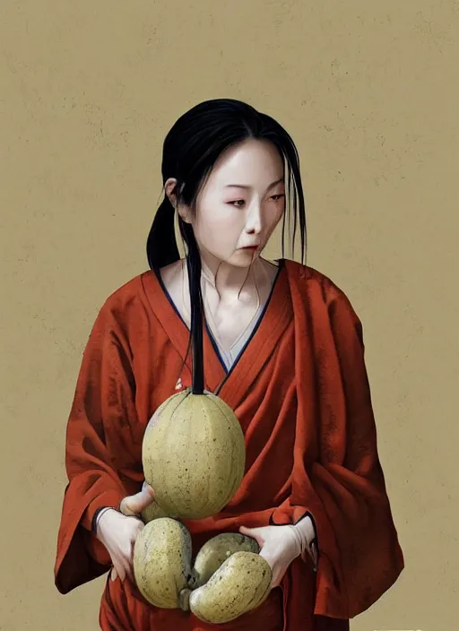 Image similar to full portrait of a female monk drinking from a wine gourd by wlop, wuxia, xianxia, drunken boxing, drunken fist, drunken master, weathered olive skin, athletic, playful, fully clothed, monk's robe, wine gourd, detailed, realistic, anatomically accurate, fantasy illustration, artstation, wlop.