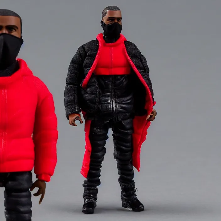 Image similar to a action figure figure of kanye west using a full face covering black mask, a small, tight, undersized reflective bright red round puffer jacket made of nylon, dark jeans pants and big black balenciaga rubber boots, figurine, detailed product photo