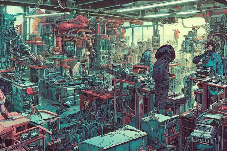 Image similar to an extremely cluttered machine repair shop in 2067, art by Josan Gonzales and Dan Hillier