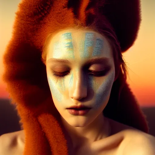 Image similar to photographic portrait of a stunningly beautiful renaissance female with abstract tribal makeup in soft dreamy light at sunset, contemporary fashion shoot, by edward robert hughes, annie leibovitz and steve mccurry, david lazar, jimmy nelsson, breathtaking, 8 k resolution, extremely detailed, beautiful, establishing shot, artistic, hyperrealistic, beautiful face, octane render