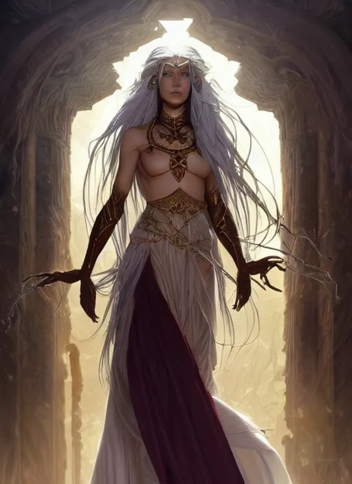 Image similar to portrait of a stunning exotic fantasy dark elf female sorcerer with long white hair flowing in the wind at the location of ancient ruins filled with magic, highly detailed, digital painting, artstation, smooth, sharp focus, illustration, art by artgerm and greg rutkowski and alphonse mucha