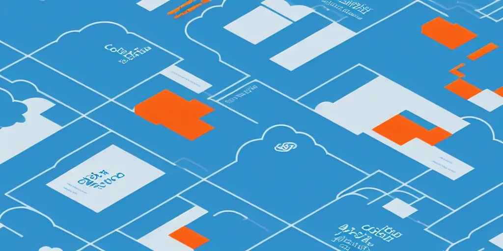 Prompt: Cloud servers, network, isometric view from above. Minimalistic design, contemporary design, infographics. Logo, Abstract Design. Blue, cyan and orange palette. Vivid, 8K, Epic, Masterpiece